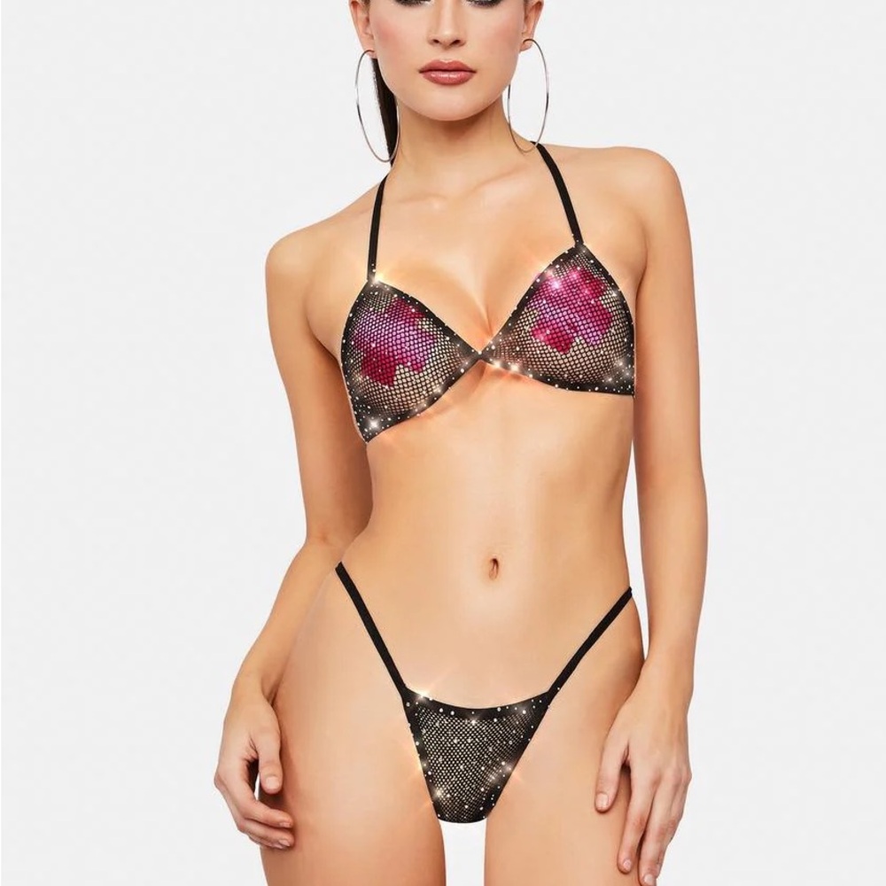Va Va Vixen Black Rhinestone Glitter Mesh Fishnet Set